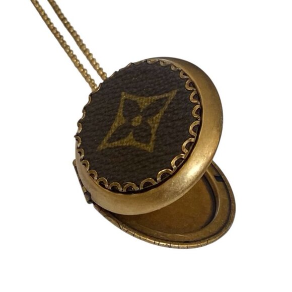 Upcycled Reworked L V Monogram Canvas Locket Necklace Handmade Flower Motif - Picture 4 of 15